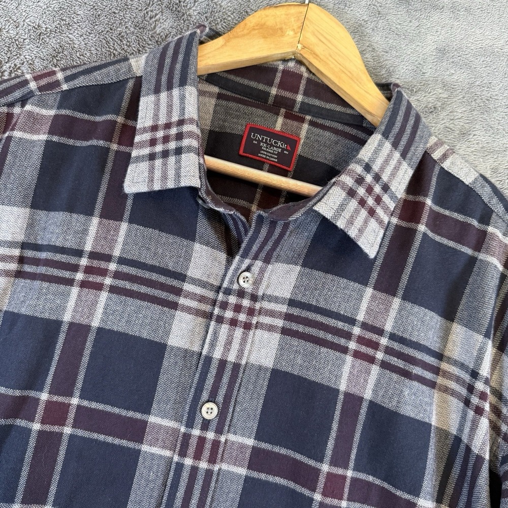 UNTUCKit Men's Plaid Navy Brown Gray Cotton Relaxed Fit Button-Up Shirt 2xL